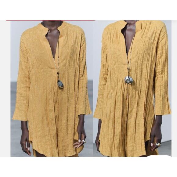 Zara size small mustard yellow linen blend oversized dress - Picture 1 of 4